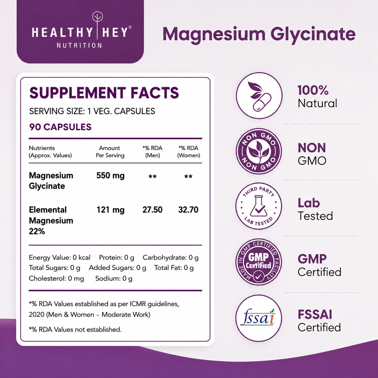 HealthyHey Nutrition Minerals Magnesium Glycinate High Absorption Chelated for Sleep, Cramps, & Nerves Health -550mg