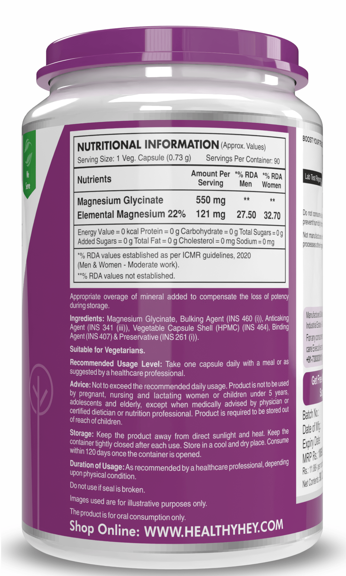 HealthyHey Nutrition Minerals Magnesium Glycinate High Absorption Chelated for Sleep, Cramps, & Nerves Health -550mg