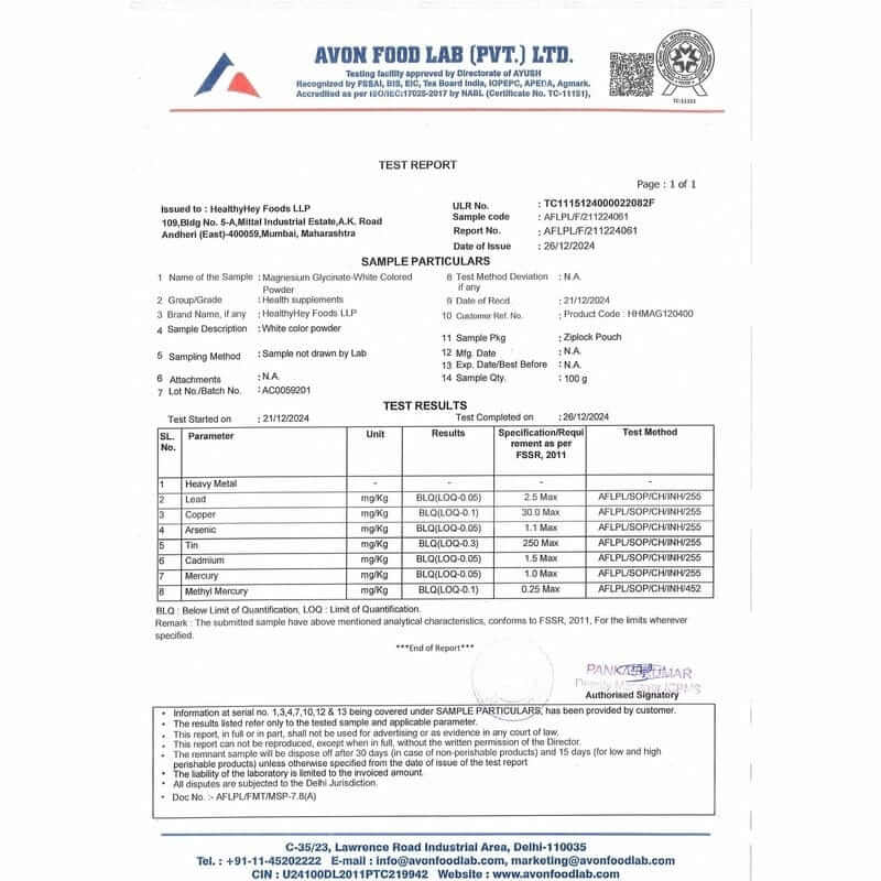 HealthyHey Magnesium Glycinate 22% third-party NABL accredited lab test report