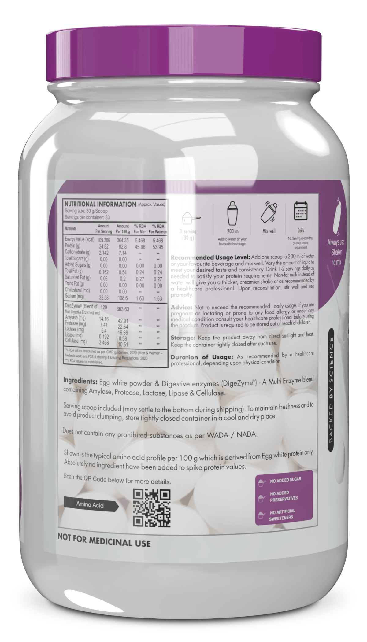 HealthyHey Nutrition Powder 100% Egg White Protein Low in Purine - Instant Mix - 80% Protein - Non GMO & Lactose Free