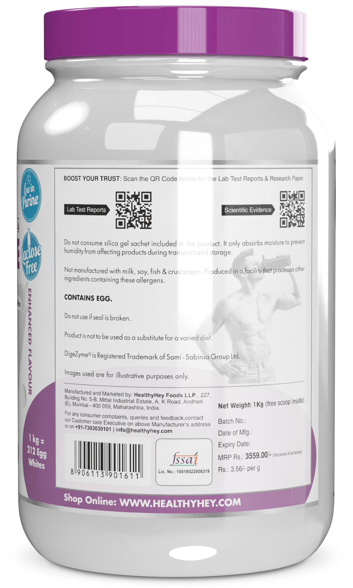 HealthyHey Nutrition Powder 100% Egg White Protein Low in Purine - Instant Mix - 80% Protein - Non GMO & Lactose Free