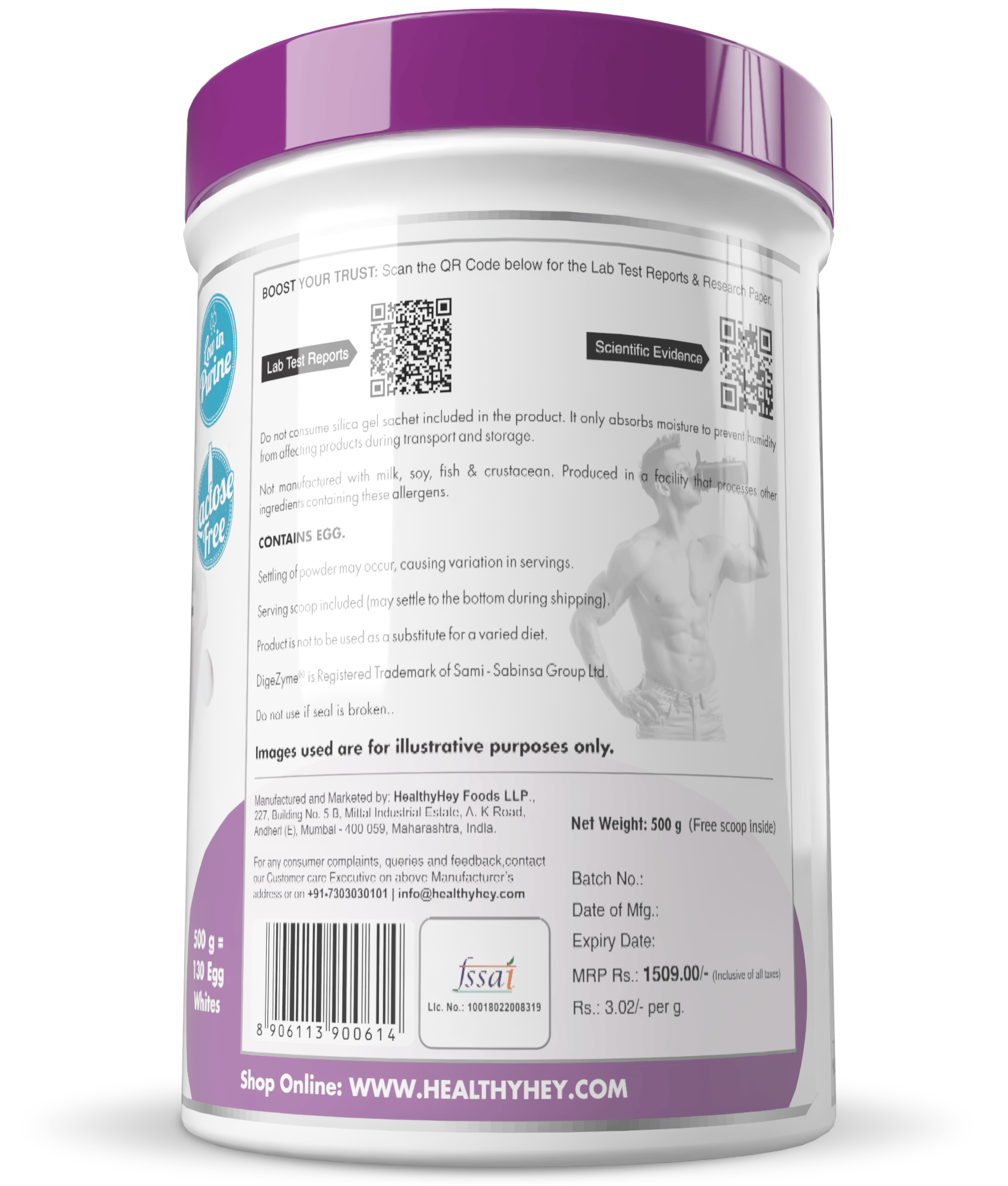 HealthyHey Nutrition Powder 100% Egg White Protein Low in Purine - Instant Mix - 80% Protein - Non GMO & Lactose Free