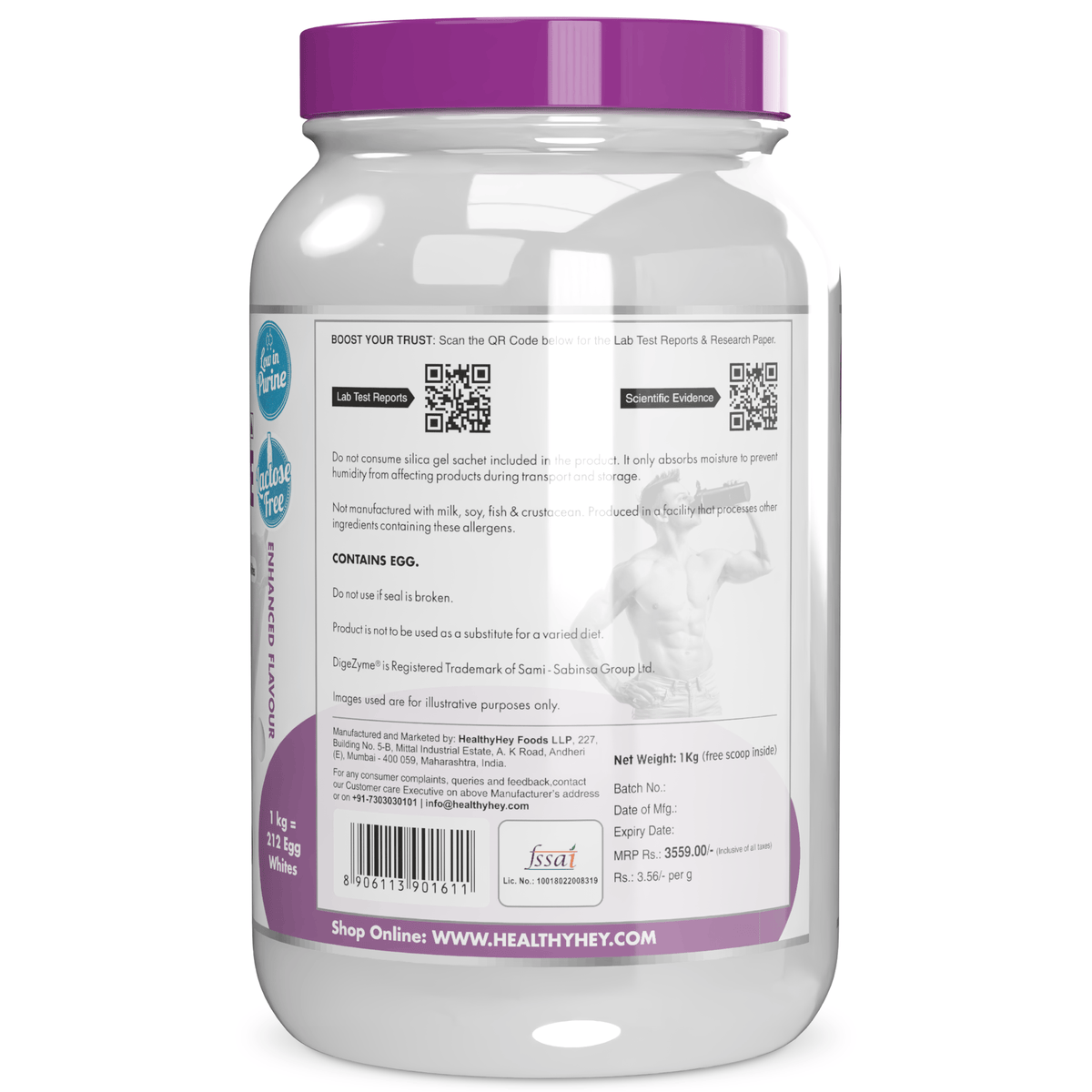 HealthyHey Nutrition Powder 100% Egg White Protein Low in Purine - Instant Mix - 80% Protein - Non GMO & Lactose Free