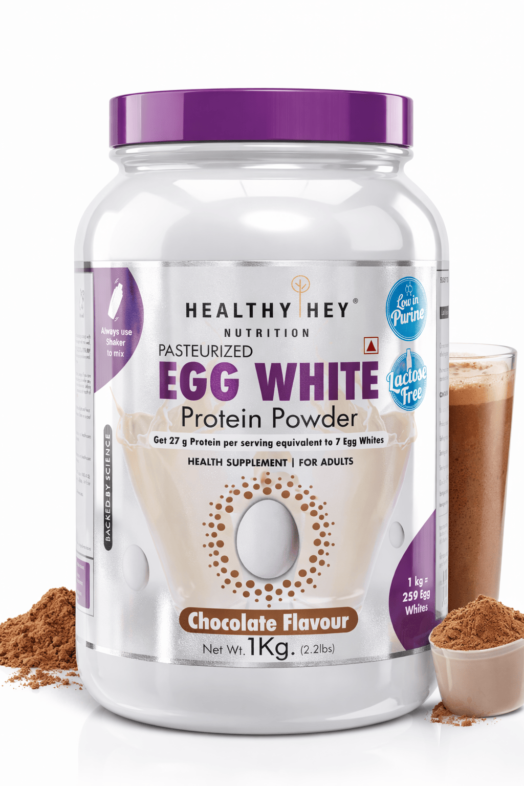 HealthyHey Nutrition Powder 1kg / Chocolate 100% Egg White Protein Low in Purine - Instant Mix - 80% Protein - Non GMO & Lactose Free