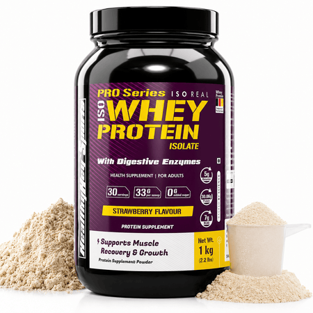 HealthyHey Nutrition Powder 1kg / Strawberry ISO Whey Protein - ISOReal - Sourced from Germany - 90% Protein