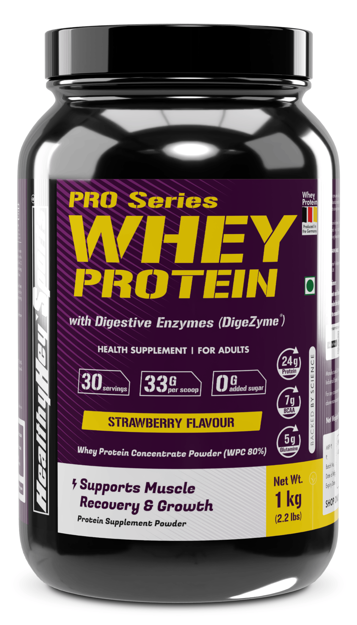 HealthyHey Nutrition Powder 1kg / Strawberry Whey Protein Concentrate - 80% Protein with Digestive Enzymes