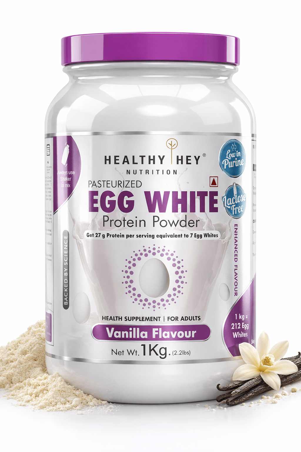 HealthyHey Nutrition Powder 1kg / Vanila 100% Egg White Protein Low in Purine - Instant Mix - 80% Protein - Non GMO & Lactose Free