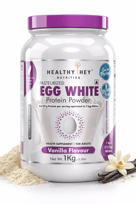 HealthyHey Nutrition Powder 1kg / Vanila 100% Egg White Protein Low in Purine - Instant Mix - 80% Protein - Non GMO & Lactose Free