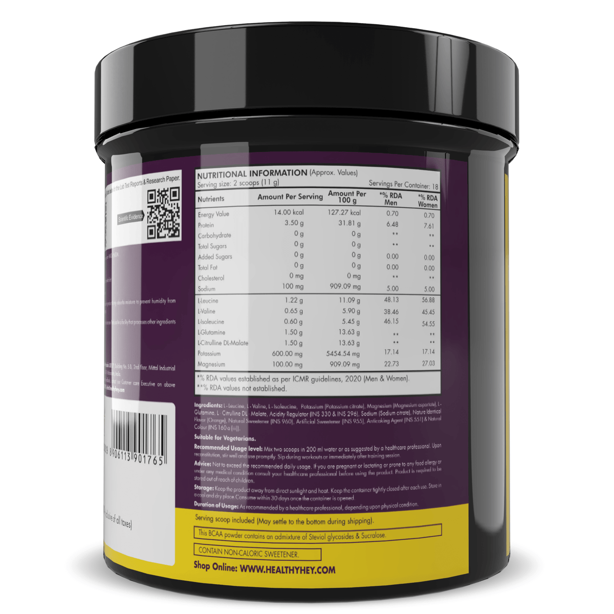 HealthyHey Nutrition Powder BCAA Powder 2:1:1, Branched Chain Amino Acids, BCAAs, Tangy Orange, 41 Servings (Tangy Orange, 250 g)