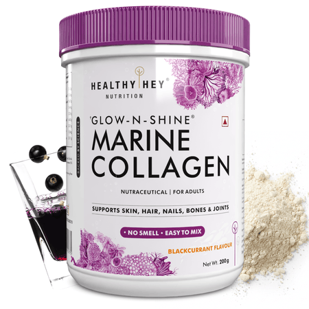 HealthyHey Nutrition Powder Blackcurrant Glow-n-Shine Marine Collagen Peptide Powder 200g - Boost Skin, Hair & Joint Health