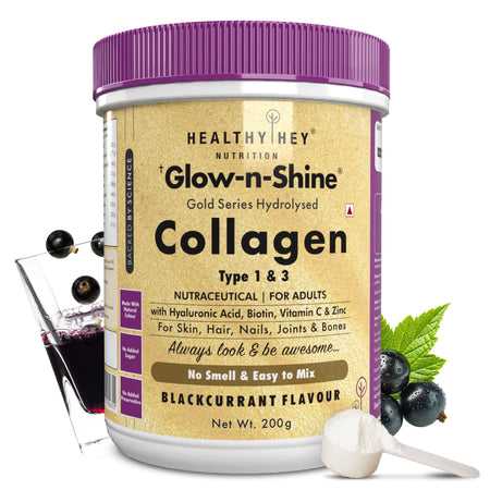 HealthyHey Nutrition Powder Blackcurrant Skin Glow-n-Shine Collagen Powder 200g | Hydrolysed Collagen for Women and Men with Hyaluronic Acid, Biotin and Vitamin C for Healthy Skin, Hair and Nails