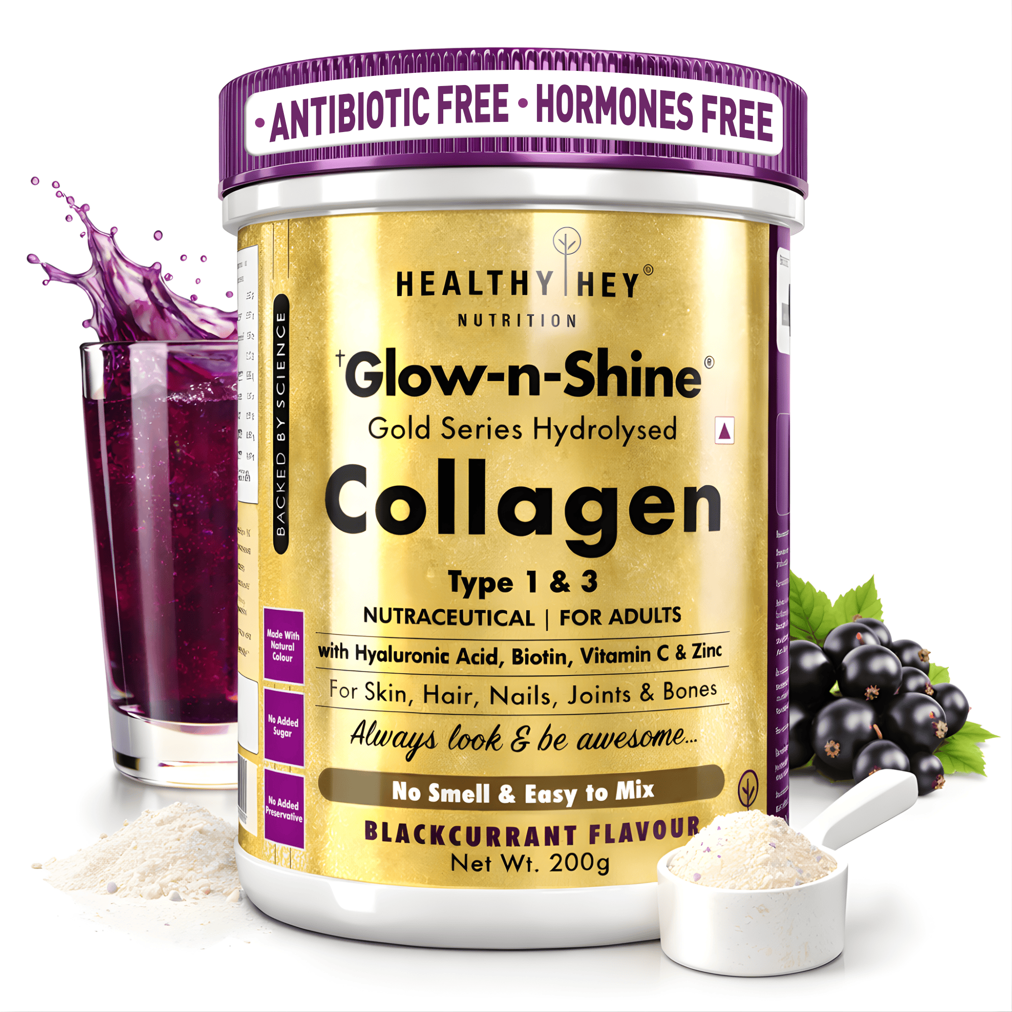 HealthyHey Nutrition Powder Blackcurrant Skin Glow-n-Shine Collagen Powder 200g | Hydrolysed Collagen for Women and Men with Hyaluronic Acid, Biotin and Vitamin C for Healthy Skin, Hair and Nails