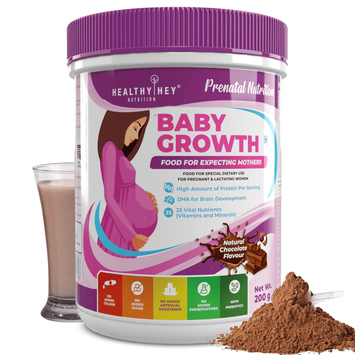 HealthyHey Nutrition Powder Chocolate Prenatal Vitamin Supplement Shake for Expecting Mother - BabyGrowth - 200 gram - All Natural - Tastes Great- Vegetarian - High Protein - Prebiotics