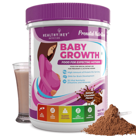 HealthyHey Nutrition Powder Chocolate Prenatal Vitamin Supplement Shake for Expecting Mother - BabyGrowth - 200 gram - All Natural - Tastes Great- Vegetarian - High Protein - Prebiotics