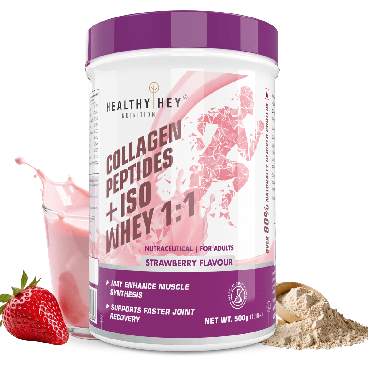 HealthyHey Nutrition Powder Collagen Peptides with ISO Whey Protein - 7g EAA, 2.5g BCAA - Strawberry, 500g