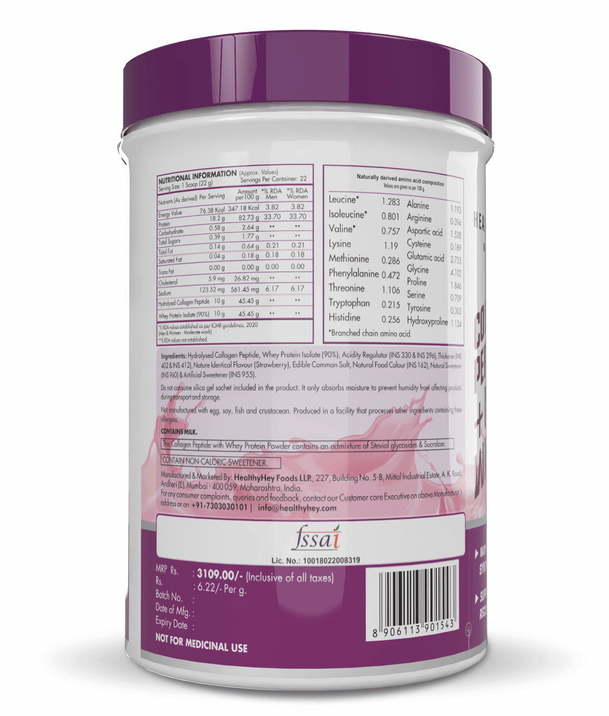 HealthyHey Nutrition Powder Collagen Peptides with ISO Whey Protein - 7g EAA, 2.5g BCAA - Strawberry, 500g