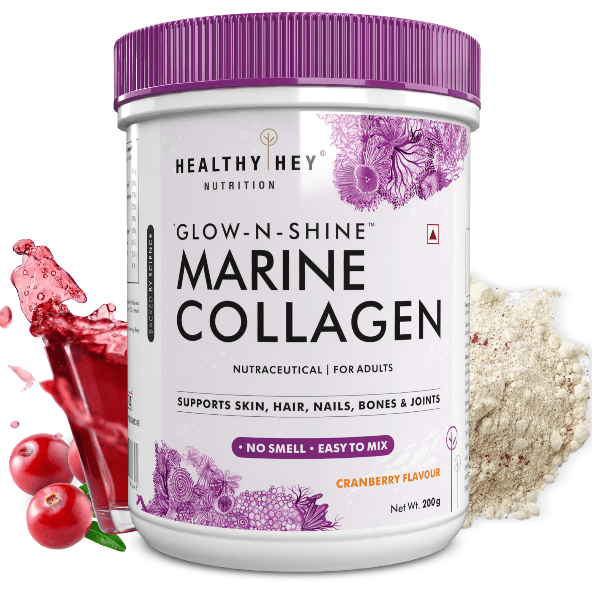 HealthyHey Nutrition Powder Cranberry Glow-n-Shine Marine Collagen Peptide Powder 200g - Boost Skin, Hair & Joint Health
