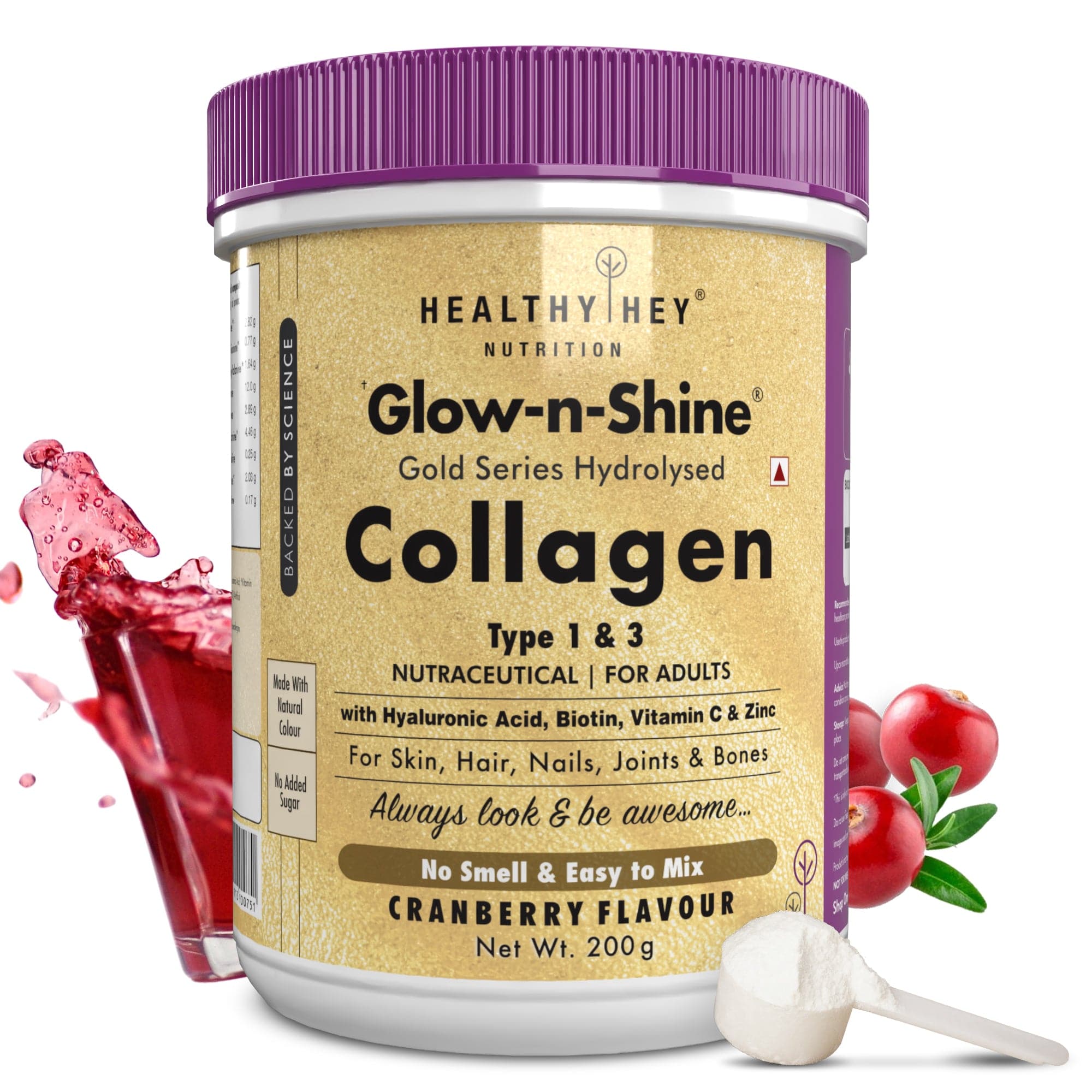 HealthyHey Nutrition Powder Cranberry Skin Glow-n-Shine Collagen Powder 200g | Hydrolysed Collagen for Women and Men with Hyaluronic Acid, Biotin and Vitamin C for Healthy Skin, Hair and Nails