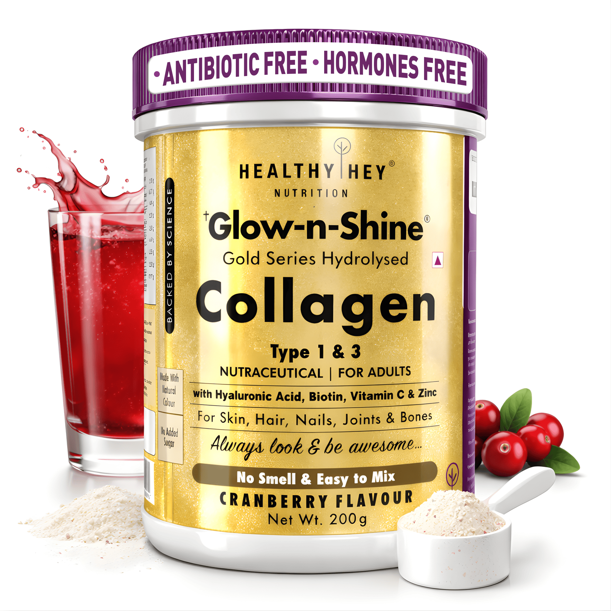 HealthyHey Nutrition Powder Cranberry Skin Glow-n-Shine Collagen Powder 200g | Hydrolysed Collagen for Women and Men with Hyaluronic Acid, Biotin and Vitamin C for Healthy Skin, Hair and Nails