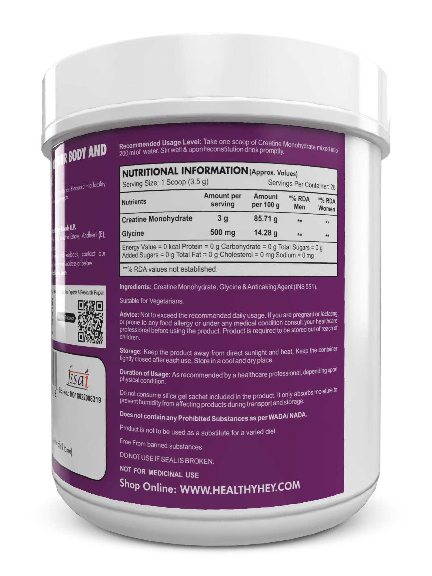 HealthyHey Nutrition Powder Creatine Monohydrate for Muscle Building & Performance - 33 Servings (Unflavoured, 100g Powder)