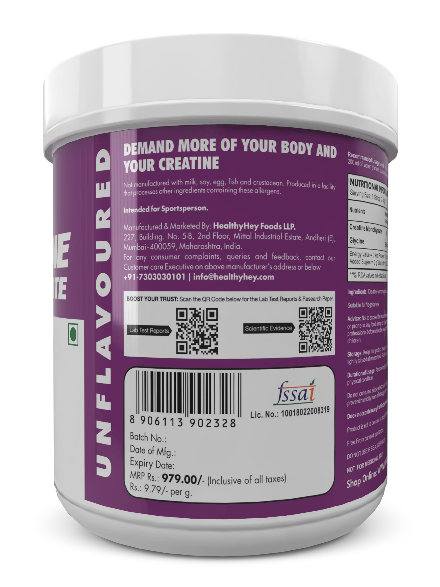 HealthyHey Nutrition Powder Creatine Monohydrate for Muscle Building & Performance - 33 Servings (Unflavoured, 100g Powder)