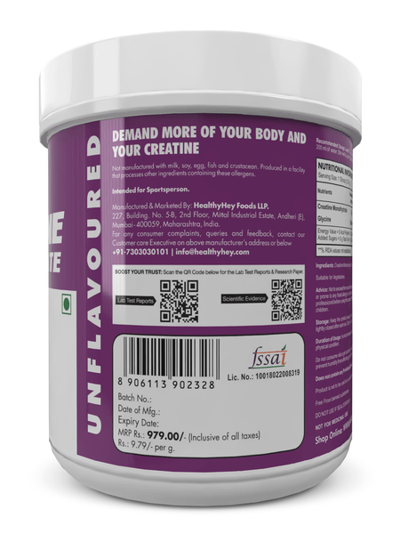 HealthyHey Nutrition Powder Creatine Monohydrate for Muscle Building & Performance - 33 Servings (Unflavoured, 100g Powder)