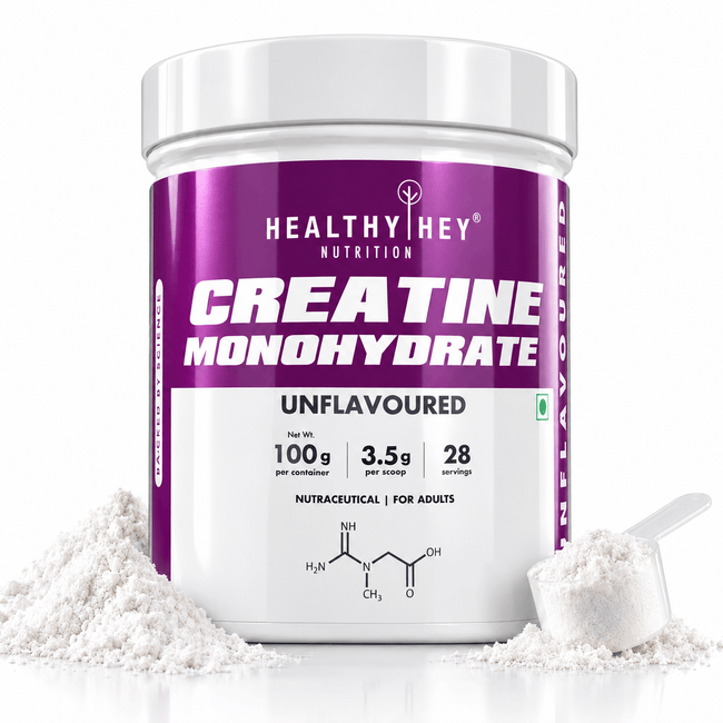HealthyHey Nutrition Powder Creatine Monohydrate for Muscle Building & Performance - 33 Servings (Unflavoured, 100g Powder)