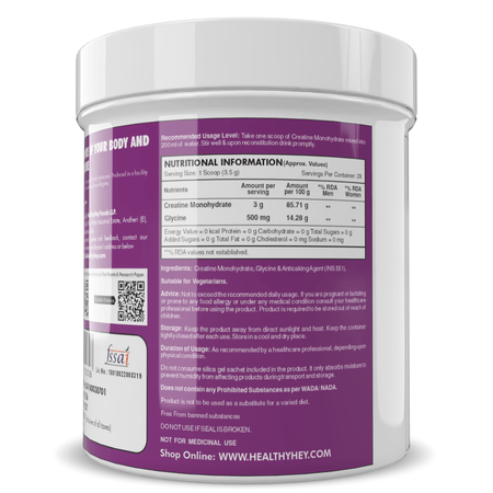 HealthyHey Nutrition Powder Creatine Monohydrate for Muscle Building & Performance - 33 Servings (Unflavoured, 100g Powder)