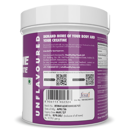 HealthyHey Nutrition Powder Creatine Monohydrate for Muscle Building & Performance - 33 Servings (Unflavoured, 100g Powder)