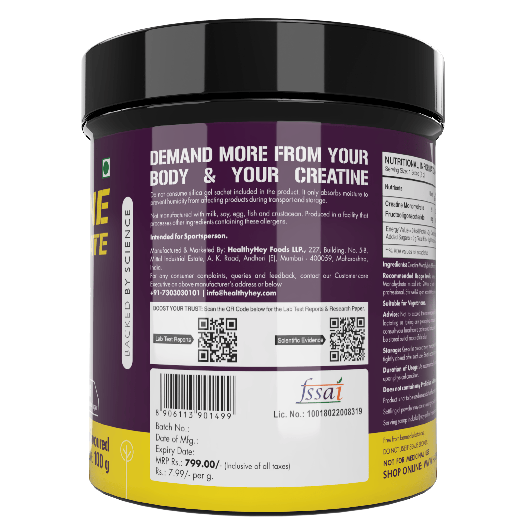 HealthyHey Nutrition Powder Creatine Monohydrate, May Improve exercise performance - Premium Quality - For Muscle Growth