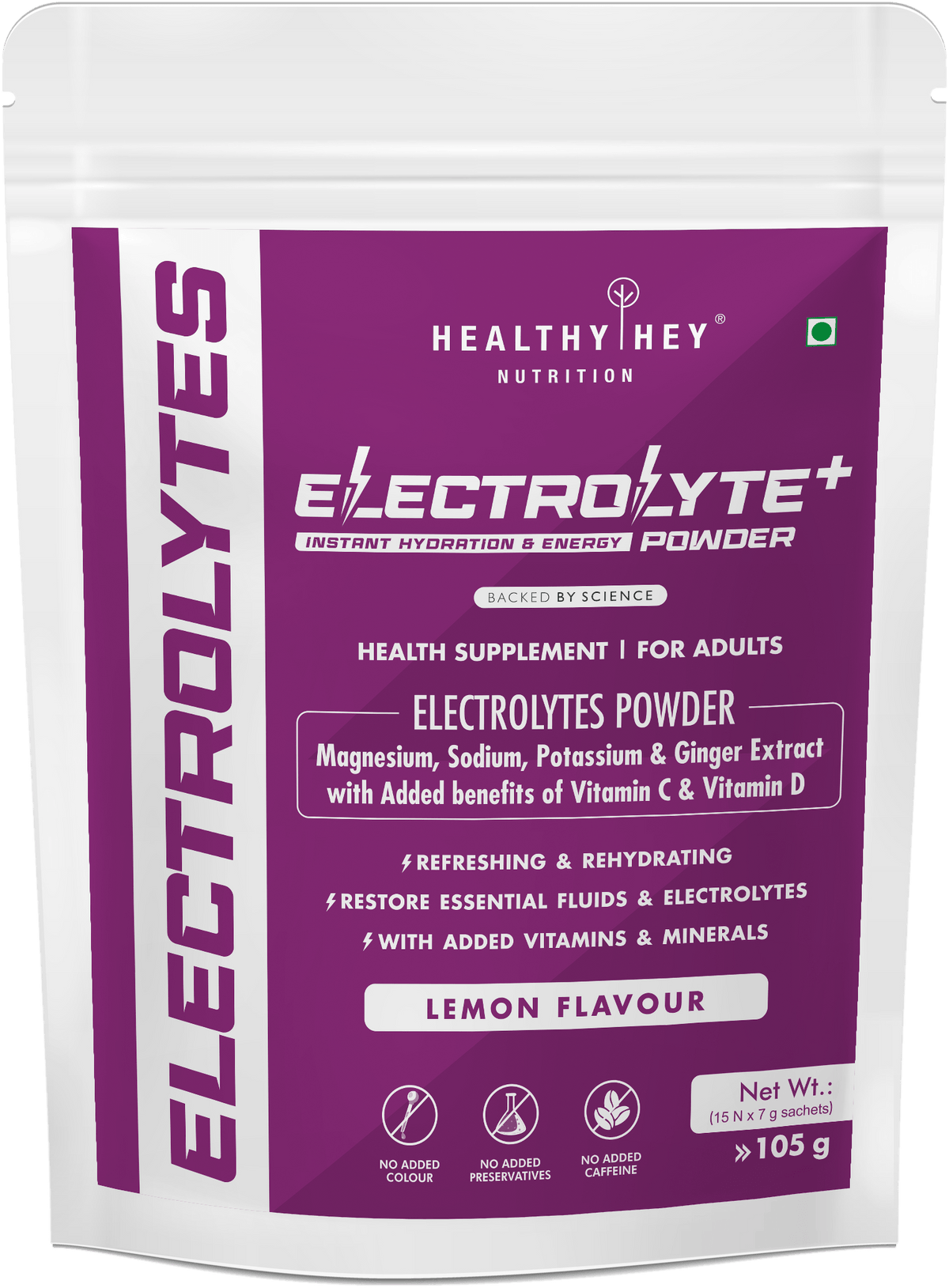 HealthyHey Nutrition Powder Lemon Electrolyte Powder, Natural Lemon Flavor - Hydration Drink Mix Supplement with Ginger Extract - Boost Energy - NO Maltodextrin Sugar - 15 Servings