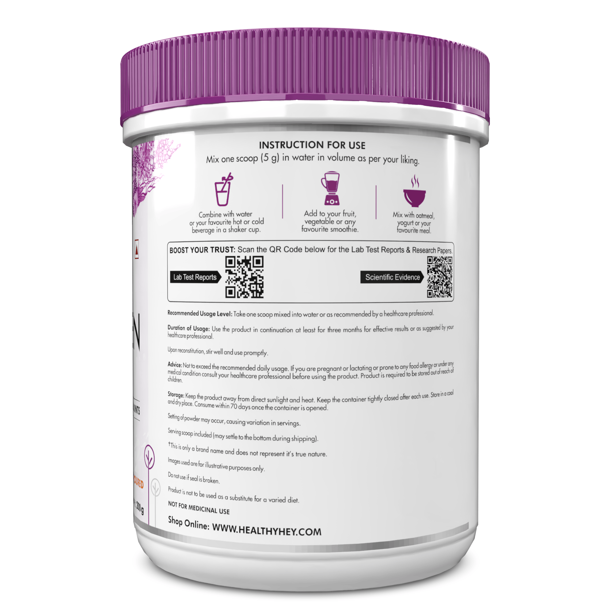 HealthyHey Nutrition Powder Glow-n-Shine Marine Collagen Peptide Powder 200g - Boost Skin, Hair & Joint Health