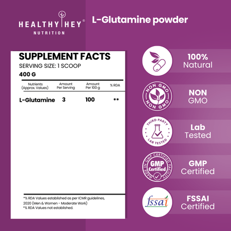 HealthyHey Nutrition Powder Glutamine Powder, Muscle Growth and Recovery - 400g - 133 Servings (Unflavoured, 400g)