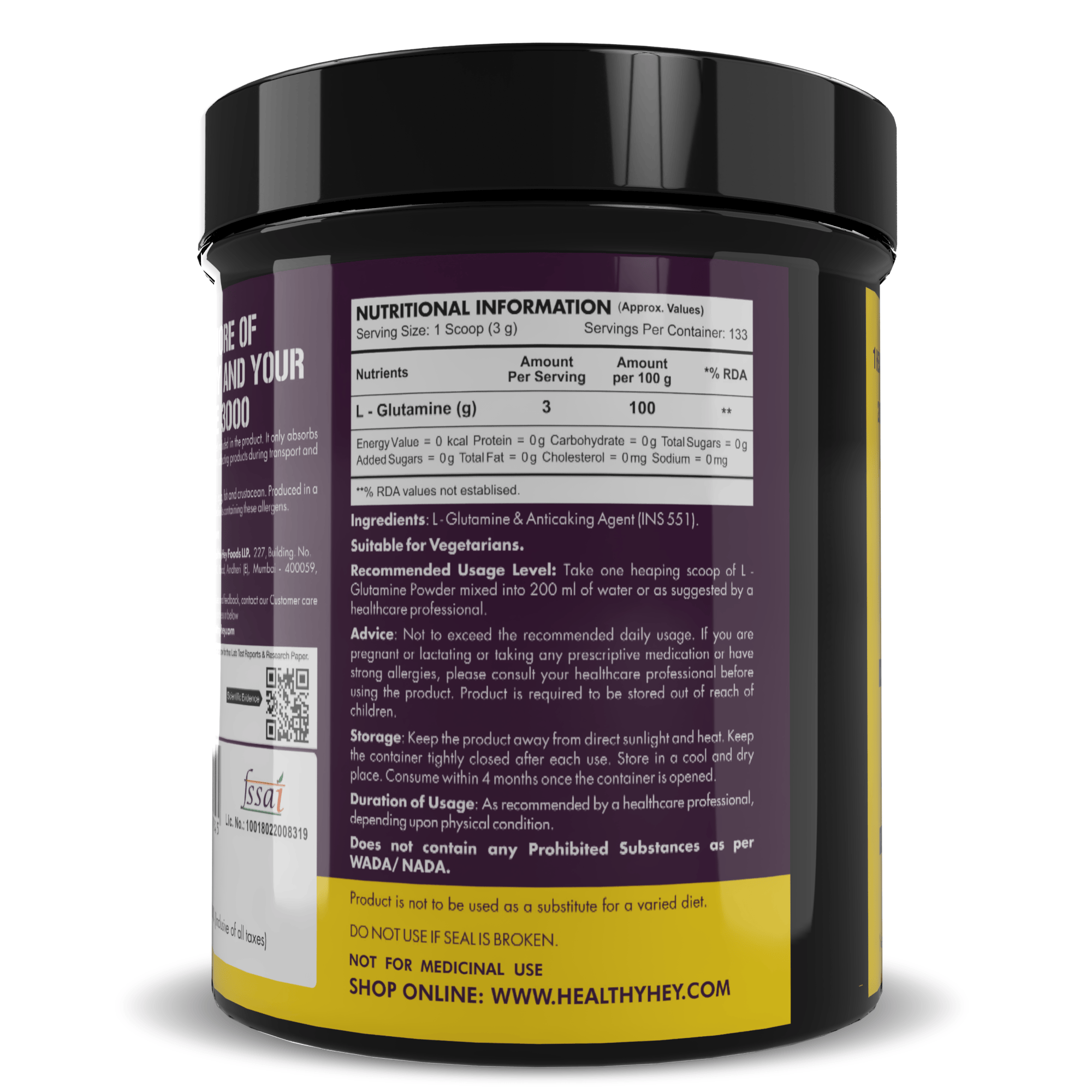HealthyHey Nutrition Powder Glutamine Powder, Muscle Growth and Recovery - 400g - 133 Servings (Unflavoured, 400g)