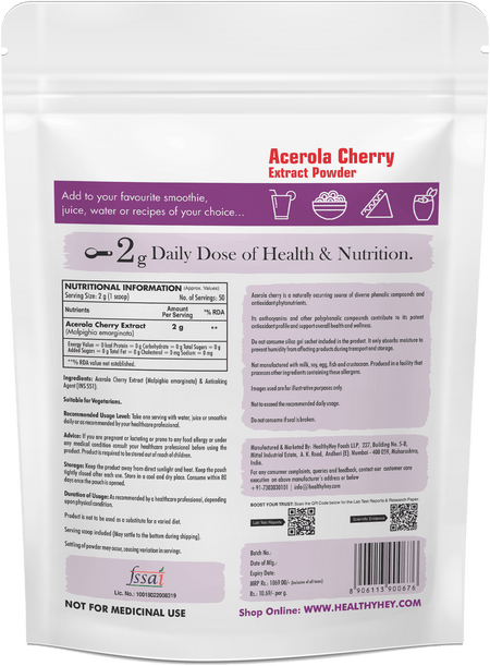 HealthyHey Nutrition Powder HealthyHey Nutrition Acerola Cherry Extract Powder - Natural Vitamin C source - Support Immunity - 100gm Powder (Unflavoured)