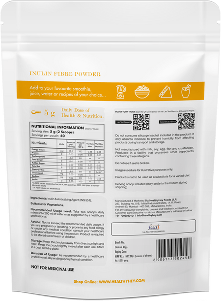 HealthyHey Nutrition Powder Inulin Powder,Source of natural fibre Prebiotic Food For Adults 200g