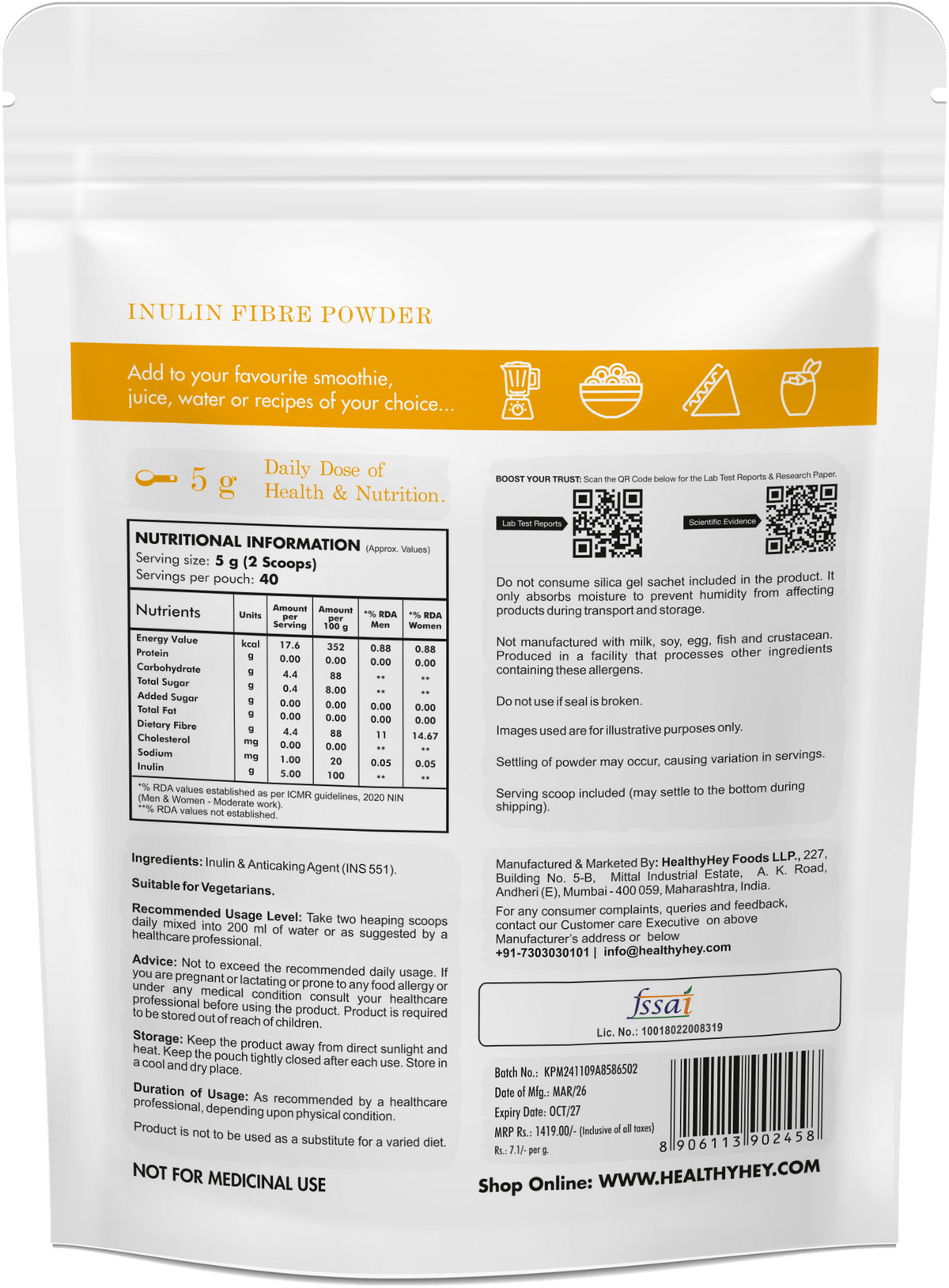 HealthyHey Nutrition Powder Inulin Powder,Source of natural fibre Prebiotic Food For Adults 200g