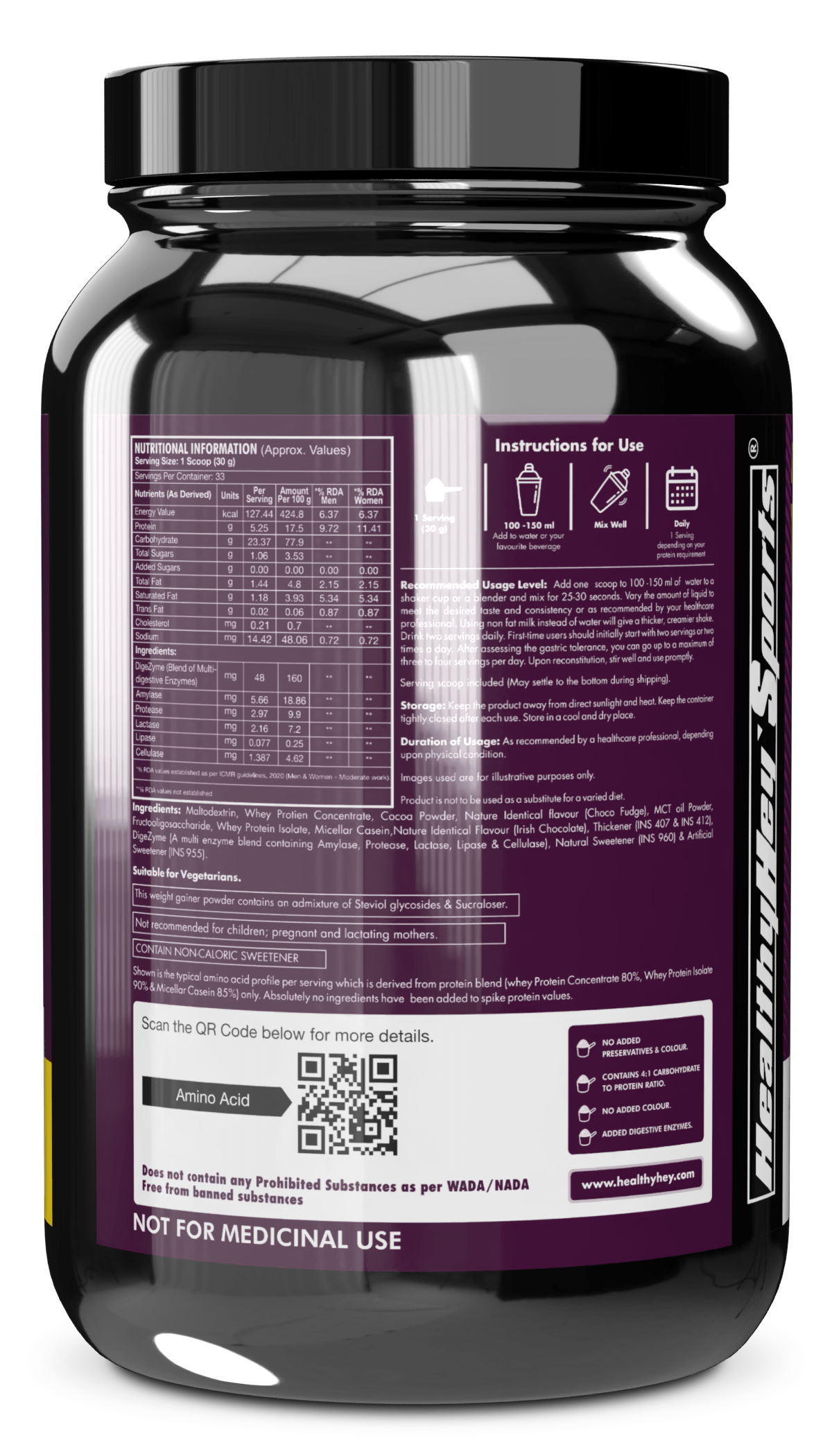 HealthyHey Nutrition Powder Irish Chocolate Cream Weight Gainer with Complex Protein Mix - Sugar Free - Irish Chocolate Cream Flavour - 1 Kg (Irish Chocolate Cream)