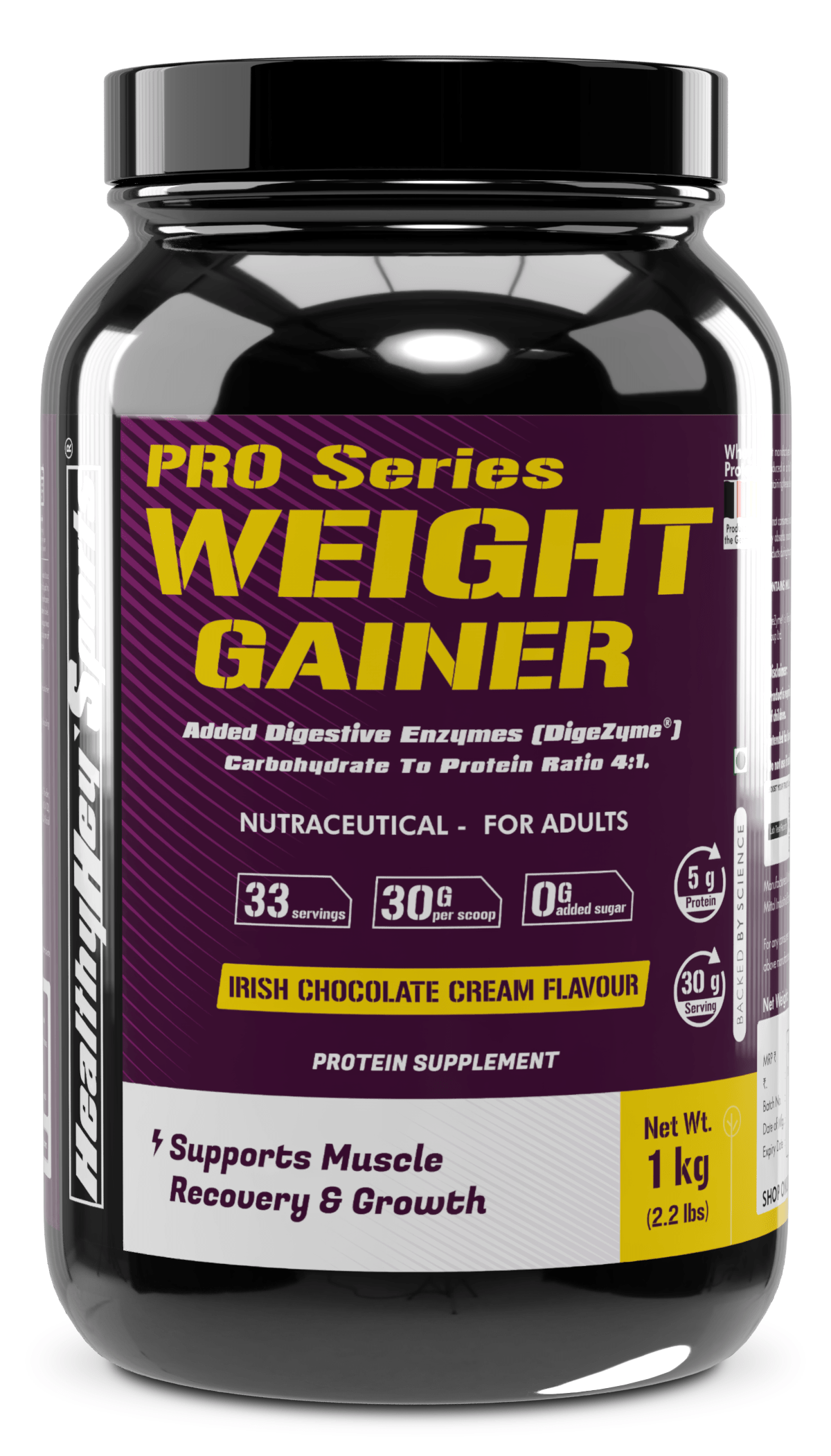 HealthyHey Nutrition Powder Irish Chocolate Cream Weight Gainer with Complex Protein Mix - Sugar Free - Irish Chocolate Cream Flavour - 1 Kg (Irish Chocolate Cream)