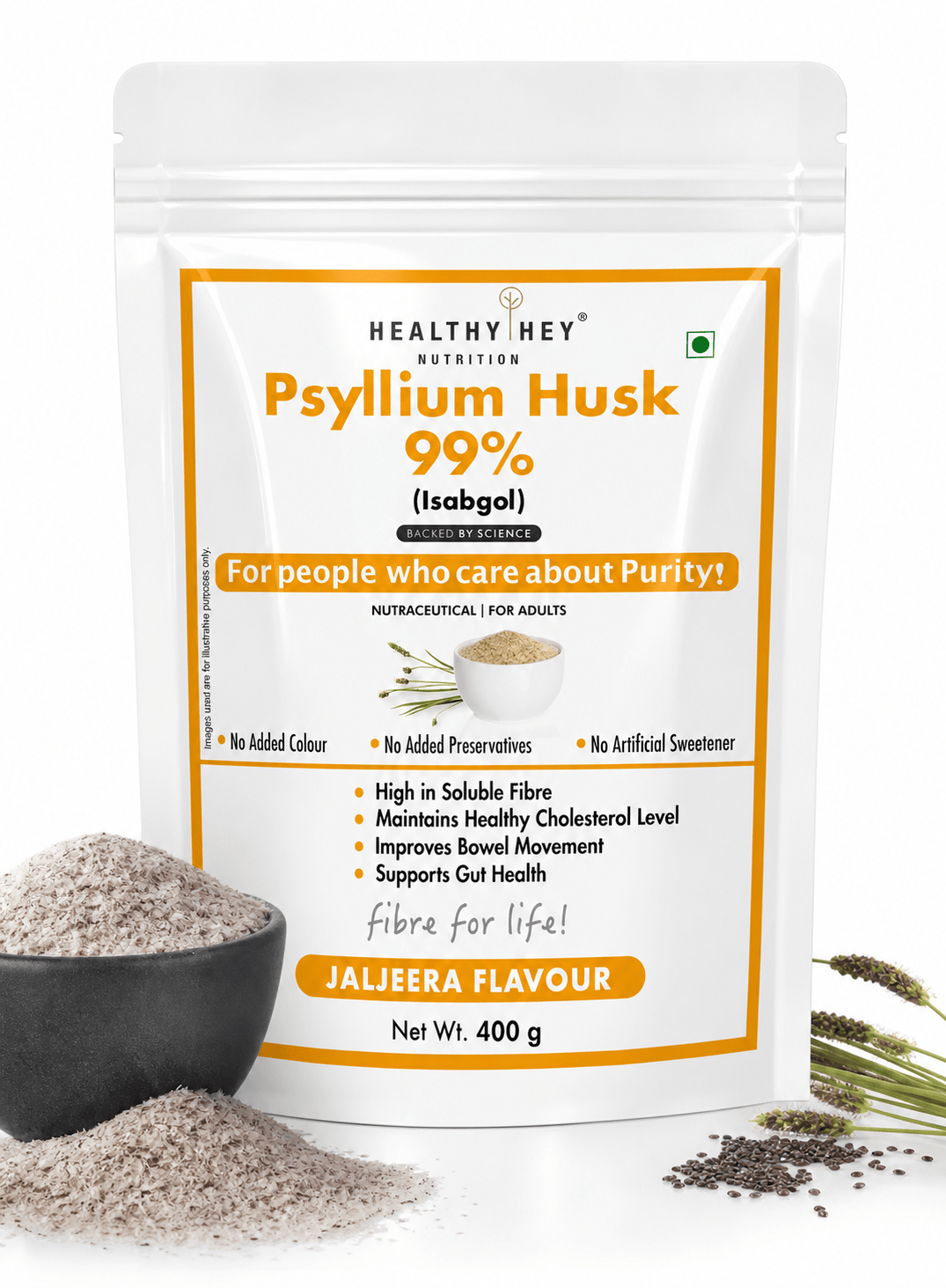 HealthyHey Nutrition Powder Jaljeera Psyllium Husk 99%, Metabolism Management - Fibre Support - 400 gram Powder