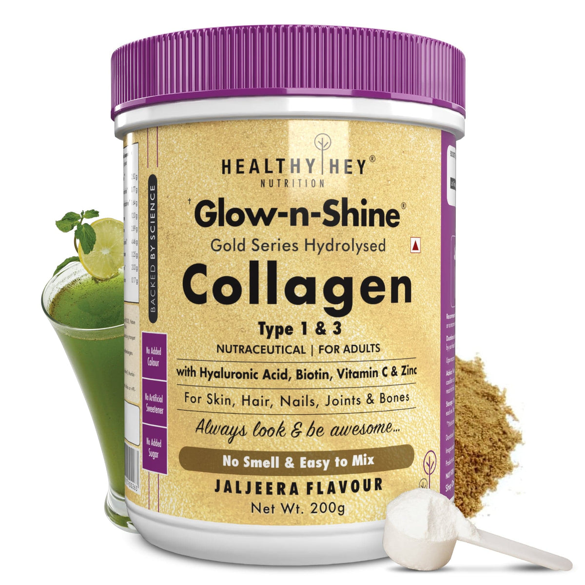 HealthyHey Nutrition Powder Jaljeera Skin Glow-n-Shine Collagen Powder 200g | Hydrolysed Collagen for Women and Men with Hyaluronic Acid, Biotin and Vitamin C for Healthy Skin, Hair and Nails