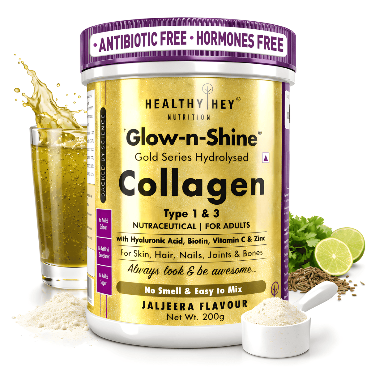 HealthyHey Nutrition Powder Jaljeera Skin Glow-n-Shine Collagen Powder 200g | Hydrolysed Collagen for Women and Men with Hyaluronic Acid, Biotin and Vitamin C for Healthy Skin, Hair and Nails