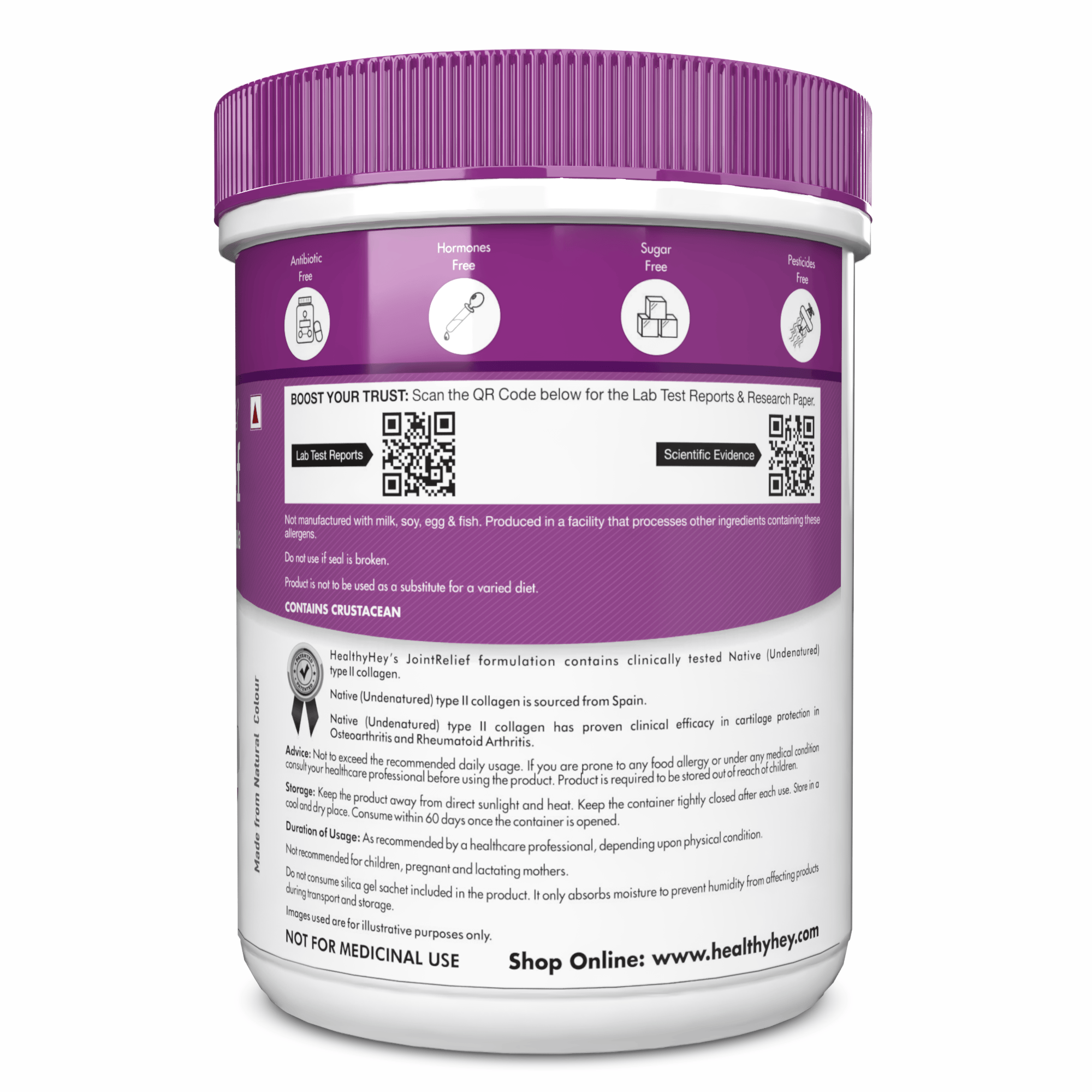 HealthyHey Nutrition Powder JointRelief Collagen Peptide Type 1, 2 & 3 - Support Joint and Cartilage Health - 200g Powder