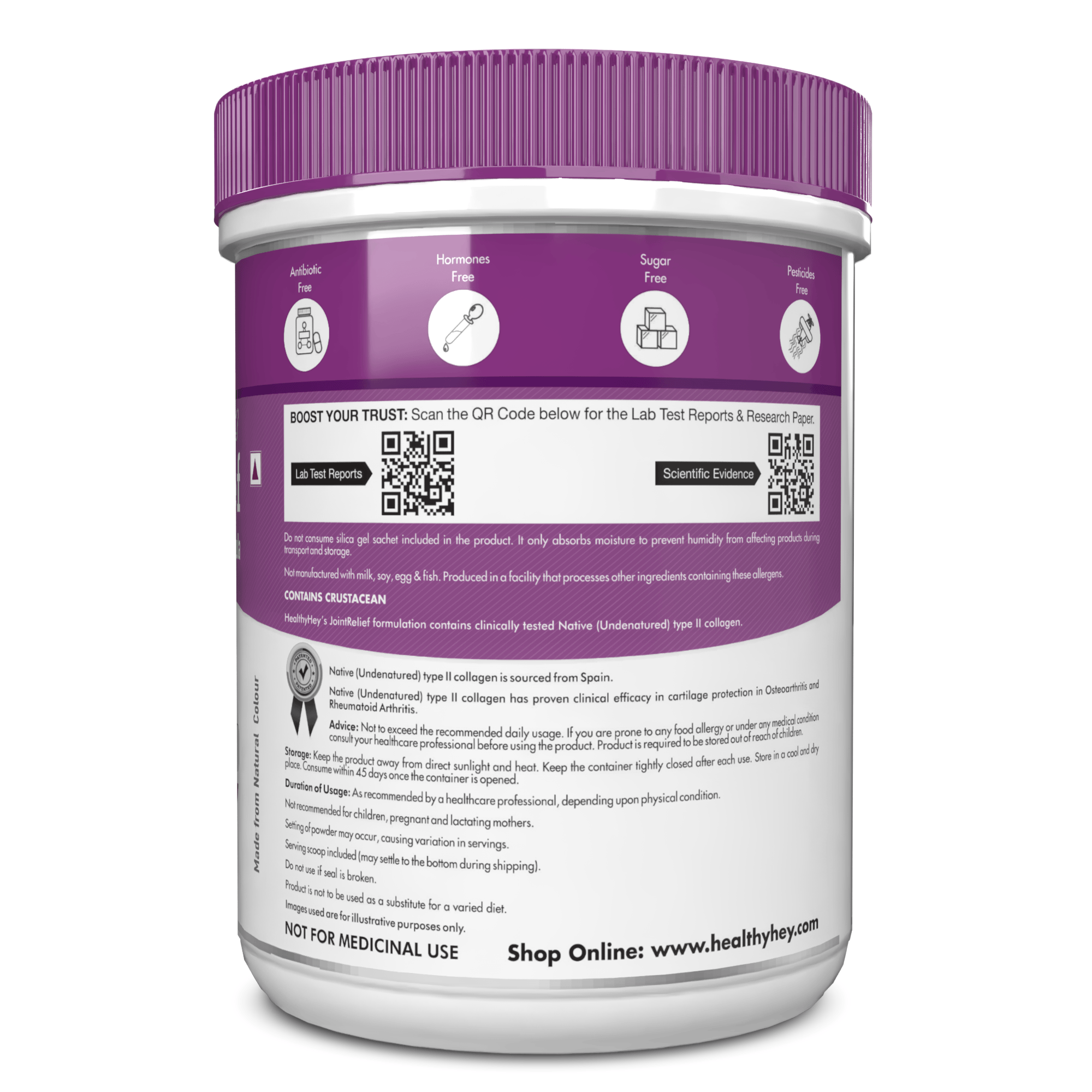 HealthyHey Nutrition Powder JointRelief Collagen Peptide Type 1, 2 & 3 - Support Joint and Cartilage Health - 200g Powder