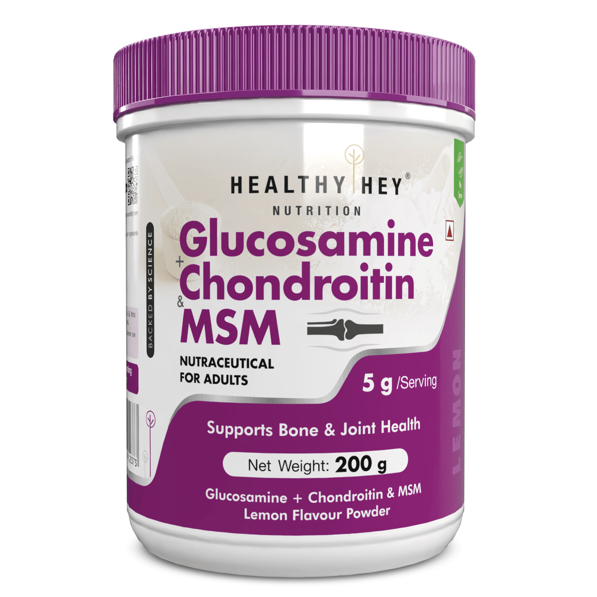 HealthyHey Nutrition Powder Lemon / 200g Glucosamine + Chondroitin & MSM Powder, Supports Bone & Joint Health - Lemon Flavour - 200g