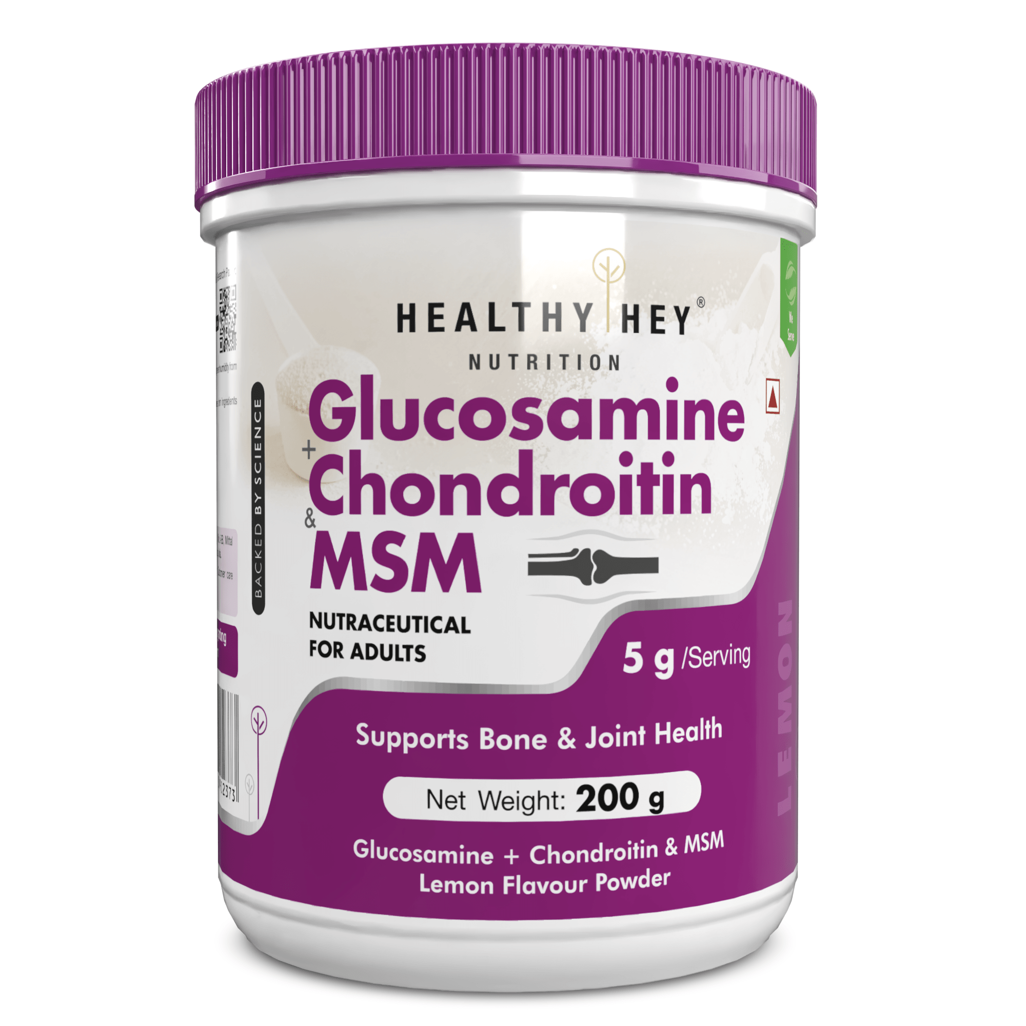 HealthyHey Nutrition Powder Lemon / 200g Glucosamine + Chondroitin & MSM Powder, Supports Bone & Joint Health - Lemon Flavour - 200g