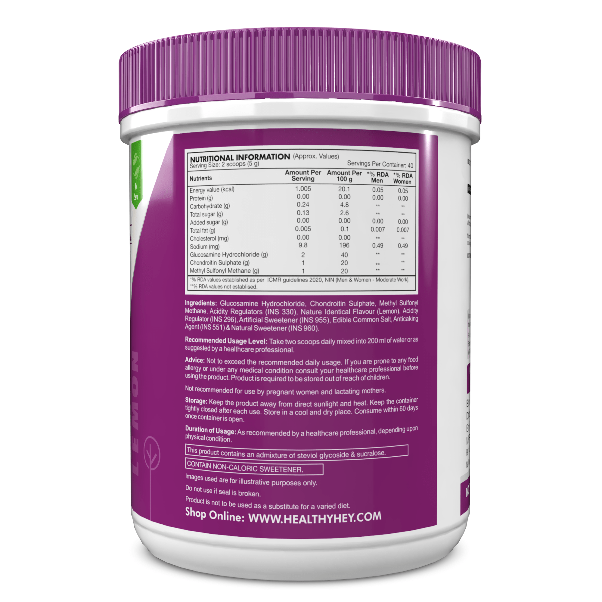 HealthyHey Nutrition Powder Lemon / 200g Glucosamine + Chondroitin & MSM Powder, Supports Bone & Joint Health - Lemon Flavour - 200g