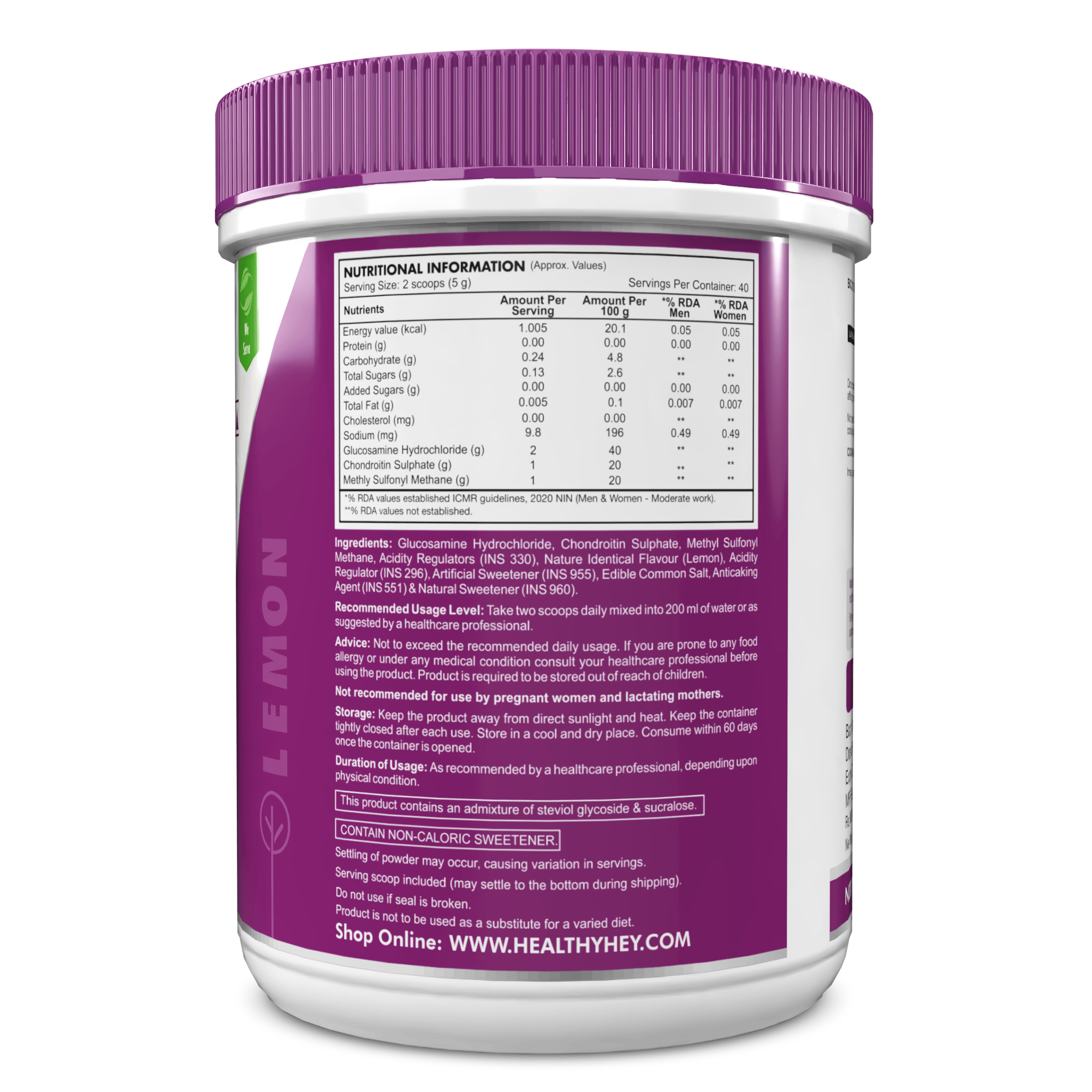 HealthyHey Nutrition Powder Lemon / 200g Glucosamine + Chondroitin & MSM Powder, Supports Bone & Joint Health - Lemon Flavour - 200g