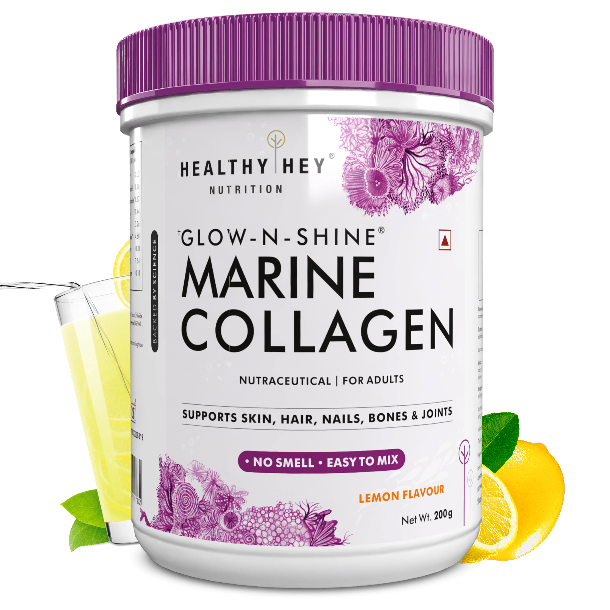 HealthyHey Nutrition Powder Lemon Glow-n-Shine Marine Collagen Peptide Powder 200g - Boost Skin, Hair & Joint Health