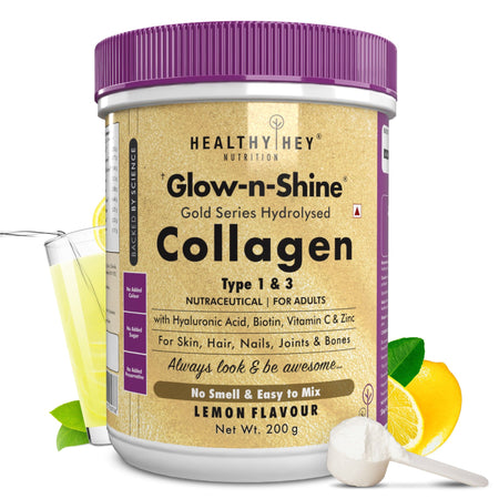 HealthyHey Nutrition Powder Lemon Skin Glow-n-Shine Collagen Powder 200g | Hydrolysed Collagen for Women and Men with Hyaluronic Acid, Biotin and Vitamin C for Healthy Skin, Hair and Nails